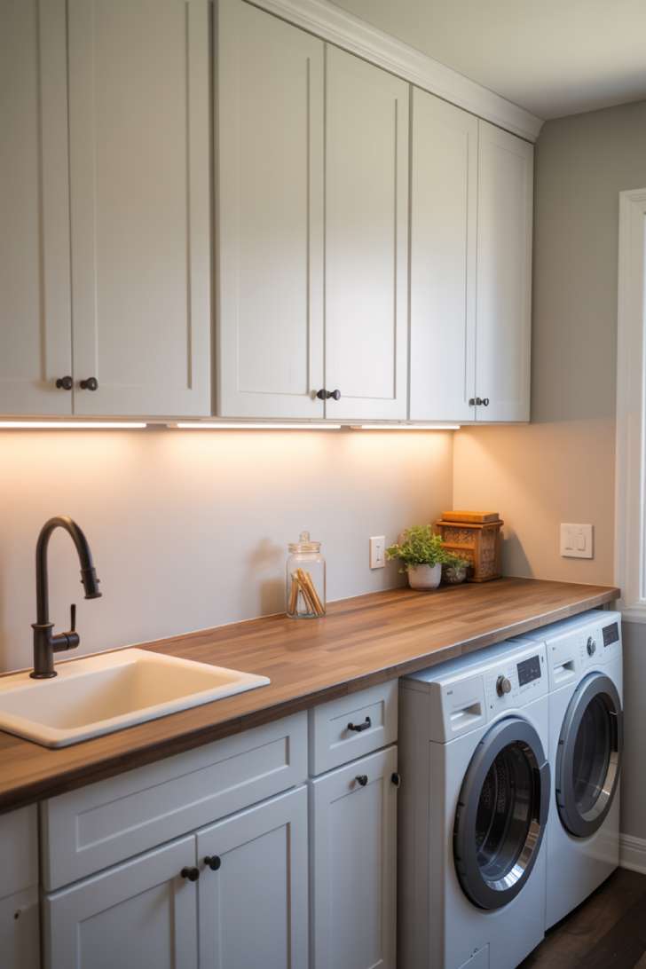 Bright laundry room with white shaker cabinets, matte black bar pulls, butcher block folding counter over washer and dryer