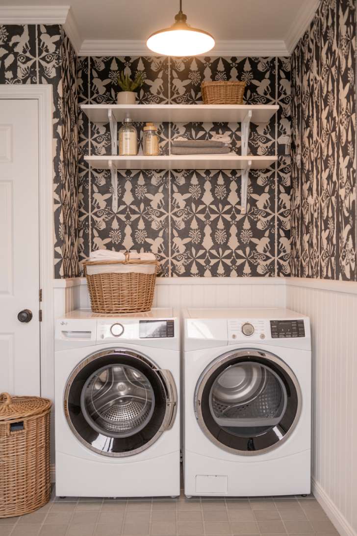 Laundry room with bold black and white wallpaper accent wall above white wainscoting, with white washer and dryer