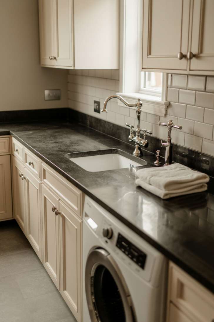 Laundry room with honed black granite countertop on white inset cabinets and polished nickel fixtures