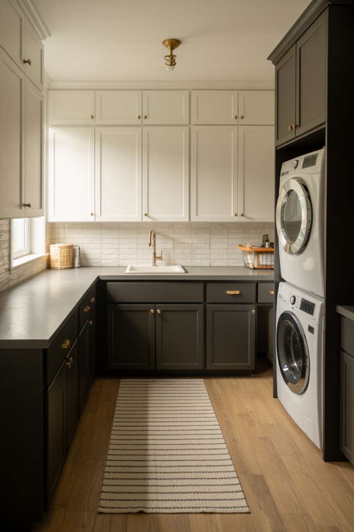 Laundry room with white upper cabinets and black lower cabinets, light gray quartz countertop, and striped runner rug