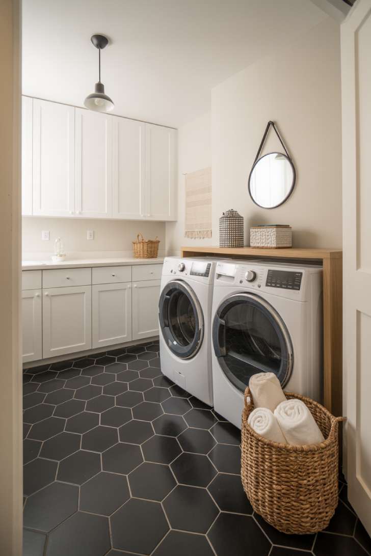 Modern laundry room with matte black hexagon floor tiles, white walls and cabinets, and a black-framed mirror