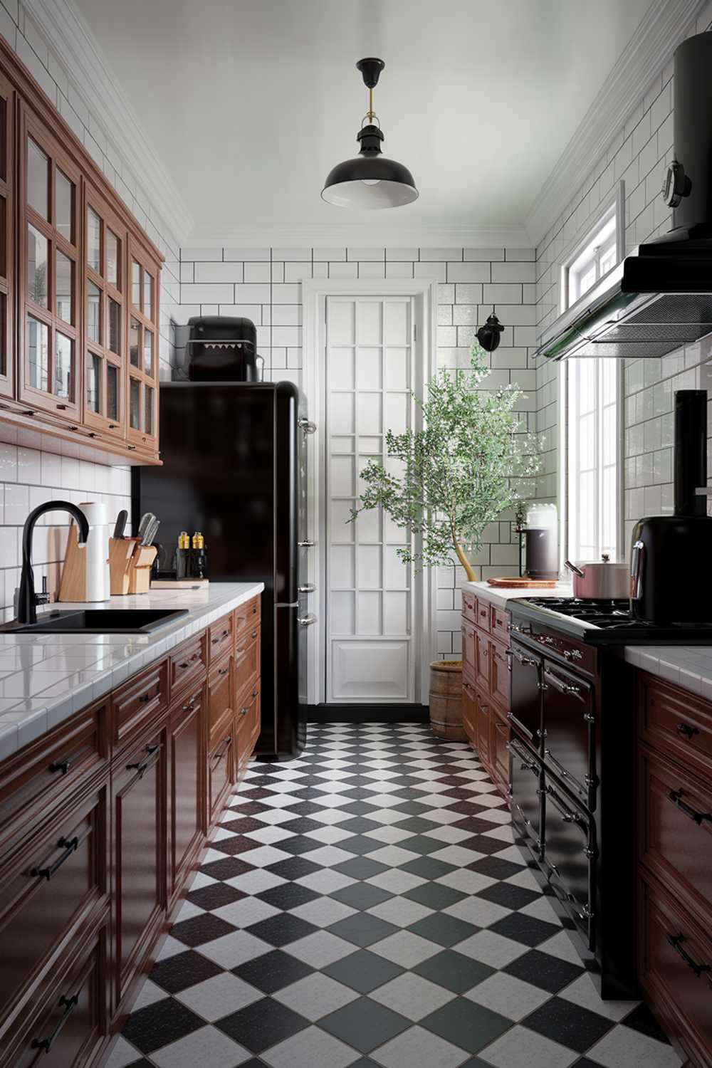 A highly detailed stylish black and wood kitchen with a white countertop. There is a black refrigerator, a black stove, and a wooden cabinet. There is a potted plant near the window. The floor is made of black and white checkered tiles. There is a black pendant light hanging from the ceiling.