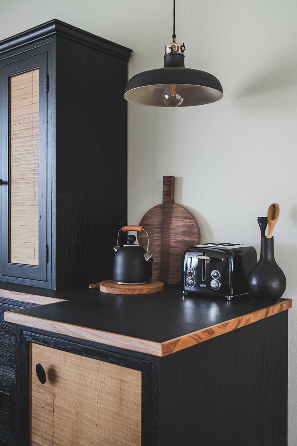 A highly detailed, stylish black and wood kitchen. There's a black countertop with a wood edge and a black cabinet with a wood door. There's a black pendant light hanging over the countertop. There's a black kettle and a black toaster on the countertop. There's a black vase with a wooden handle and a wooden spoon on the countertop. The wall behind the cabinet is painted white.