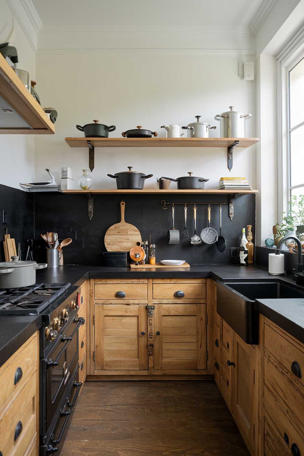 A black and wood kitchen. The kitchen has a black countertop and backsplash, with a wooden cabinet and open shelving on the wall. There is a black sink near the window. The floor is made of wood. There are pots, pans, and other cooking utensils on the open shelves and countertop.