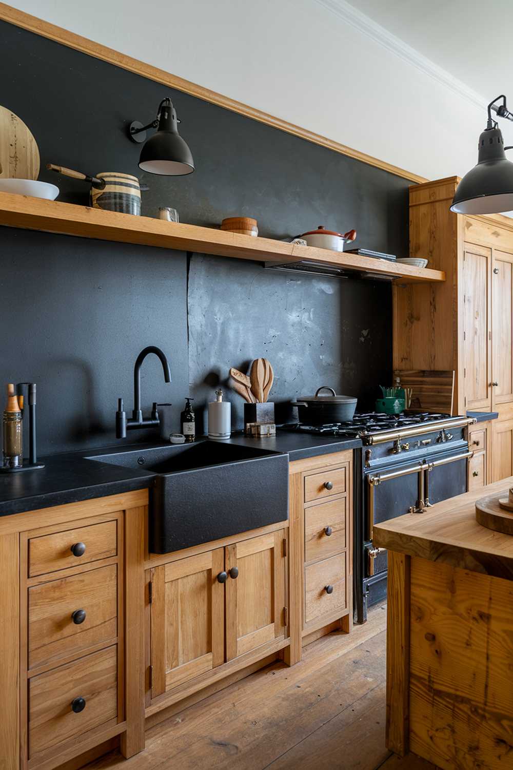 A kitchen with a stylish black and wood theme. The kitchen has a black countertop and backsplash, with wooden cabinets and a wooden island. There is a black sink with a wooden faucet. A black stove with four burners is located next to the wooden island. There are a few pots and pans on the stove and countertop. A black lamp hangs above the wooden island. The floor is made of wood.