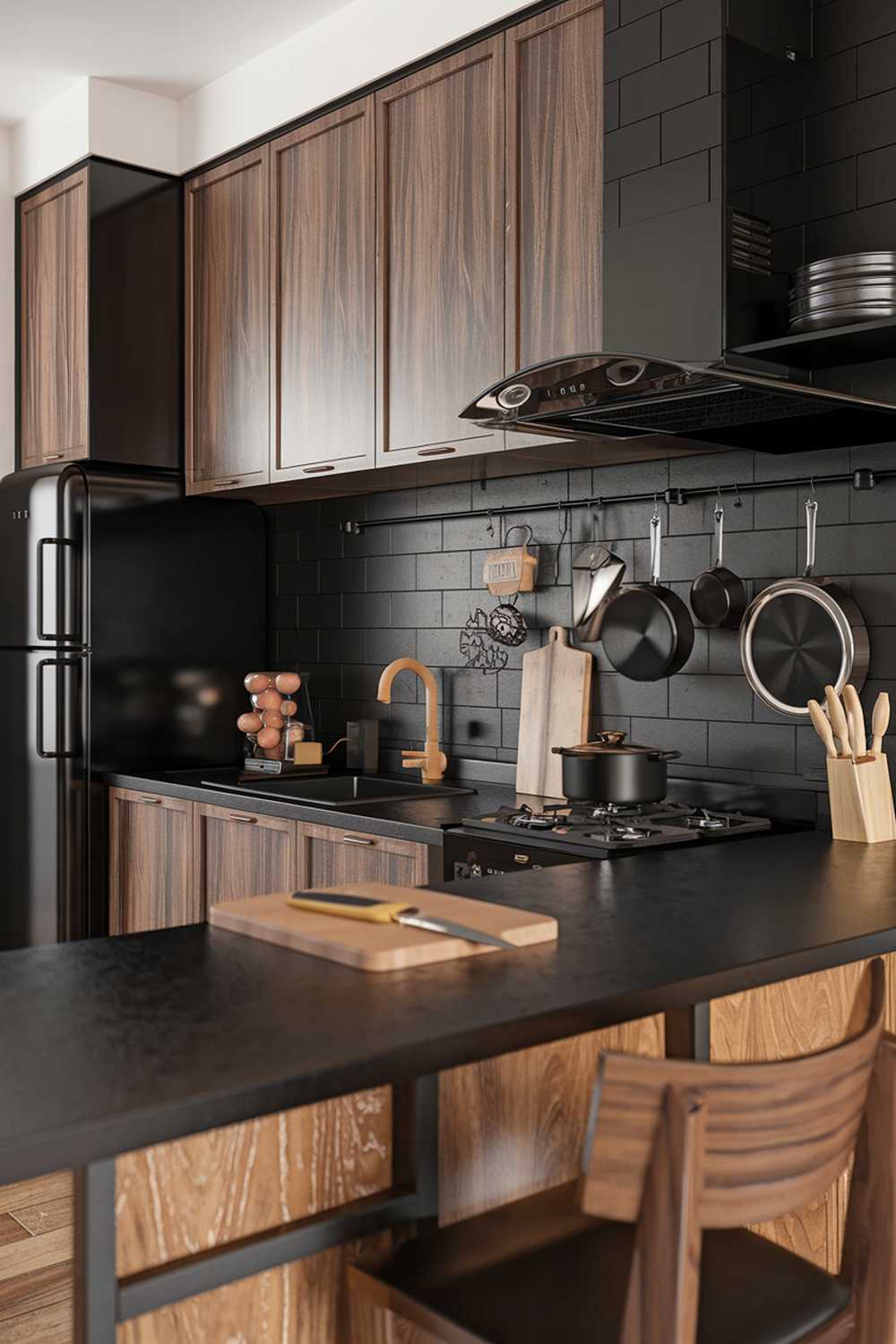 A highly detailed stylish black and wood kitchen design. The kitchen has a black countertop and backsplash with wooden cabinets. There's a black sink with a wooden faucet. A black stove is placed against the wall, with pots and pans hanging above it. There's a black refrigerator on the left. A wooden cutting board and knife are on the counter. A wooden chair is placed near the counter. The floor is made of wood.