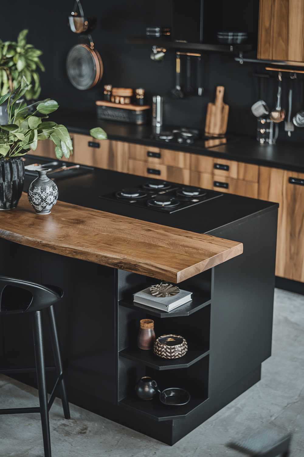 A highly detailed, stylish black and wood kitchen design. The kitchen has a black island with a wooden countertop and a black countertop with wooden cabinets. The island has a few items including a plant and a decorative vase. There's a black chair near the island. The background has a black wall with a few hanging items, including a pot and a decor piece.