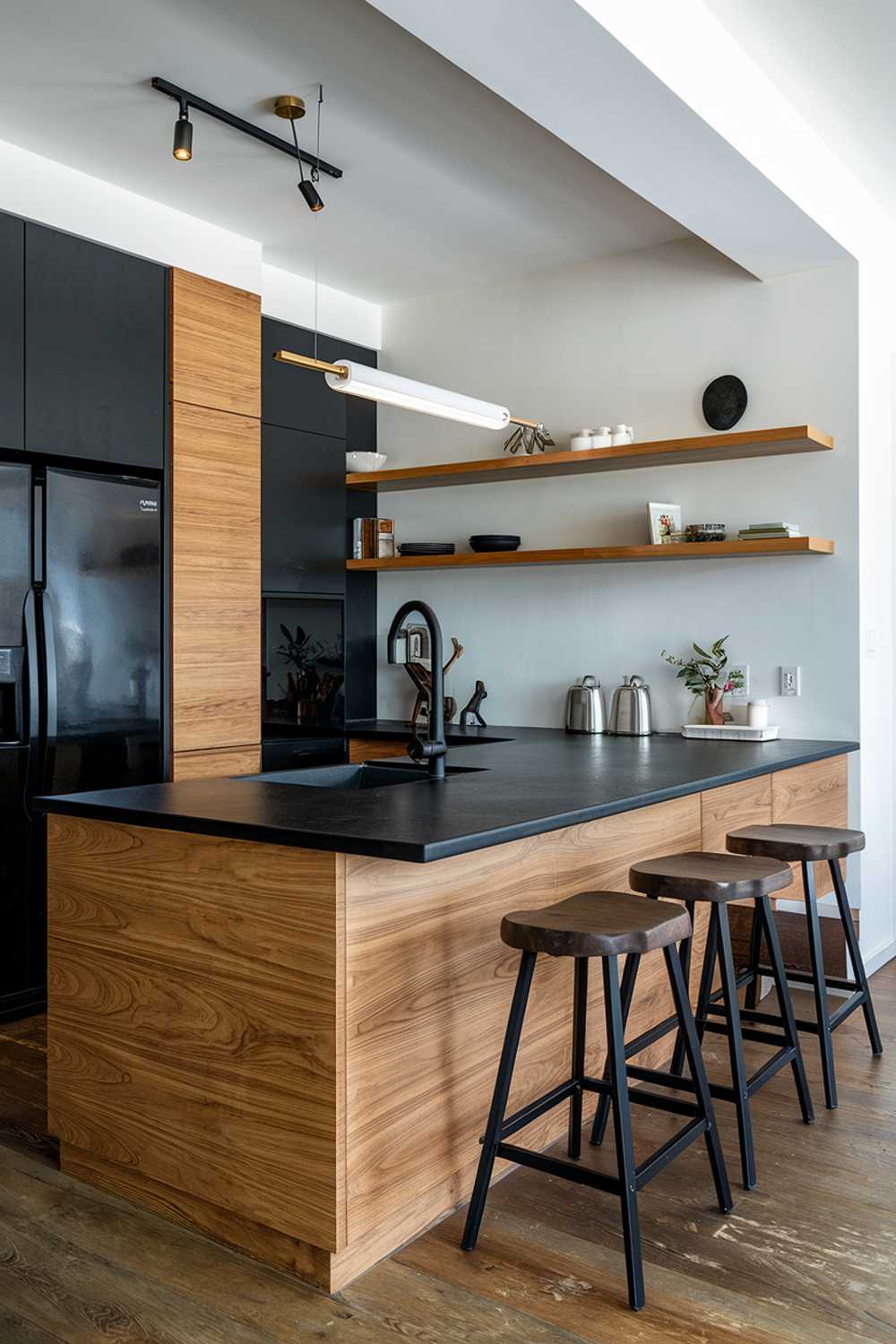 A black and wood kitchen design. There is a large wooden island with a black countertop and a black sink. The island has a few stools. There is a black cabinet and a black refrigerator on the left. The wall has a few wooden shelves and a light fixture. The floor is made of wood.