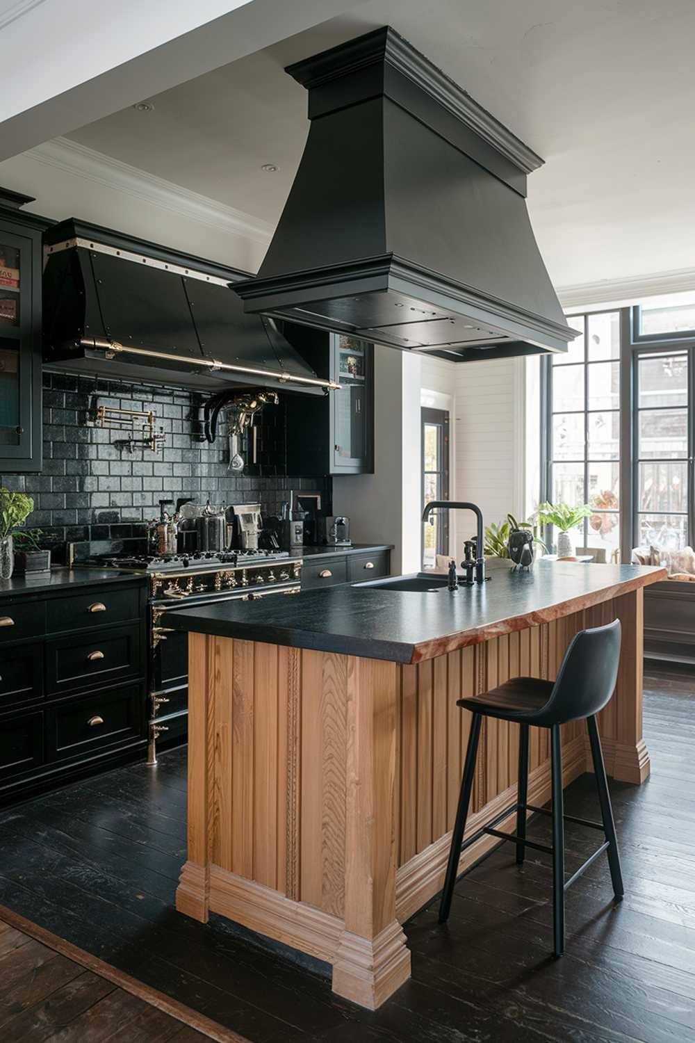 A black and wood kitchen with a high level of detail. The kitchen has a black countertop and backsplash, with a wooden island in the middle. There are black cabinets and a black range hood above the stove. The wooden island has a black stove and a sink. There is a black barstool at the end of the island. The floor is made of dark wood. The room has a sleek, modern design.