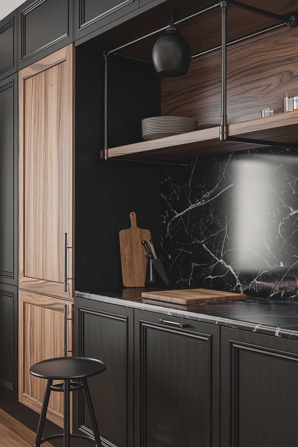 A highly detailed stylish black and wood kitchen design. There's a black marble countertop with a wooden shelf above it. There's a black cabinet with a wooden door beside the shelf. A black pendant light hangs over the counter. A black stool is placed near the counter. A wooden cutting board and a black knife are placed on the counter. The floor is made of wood.