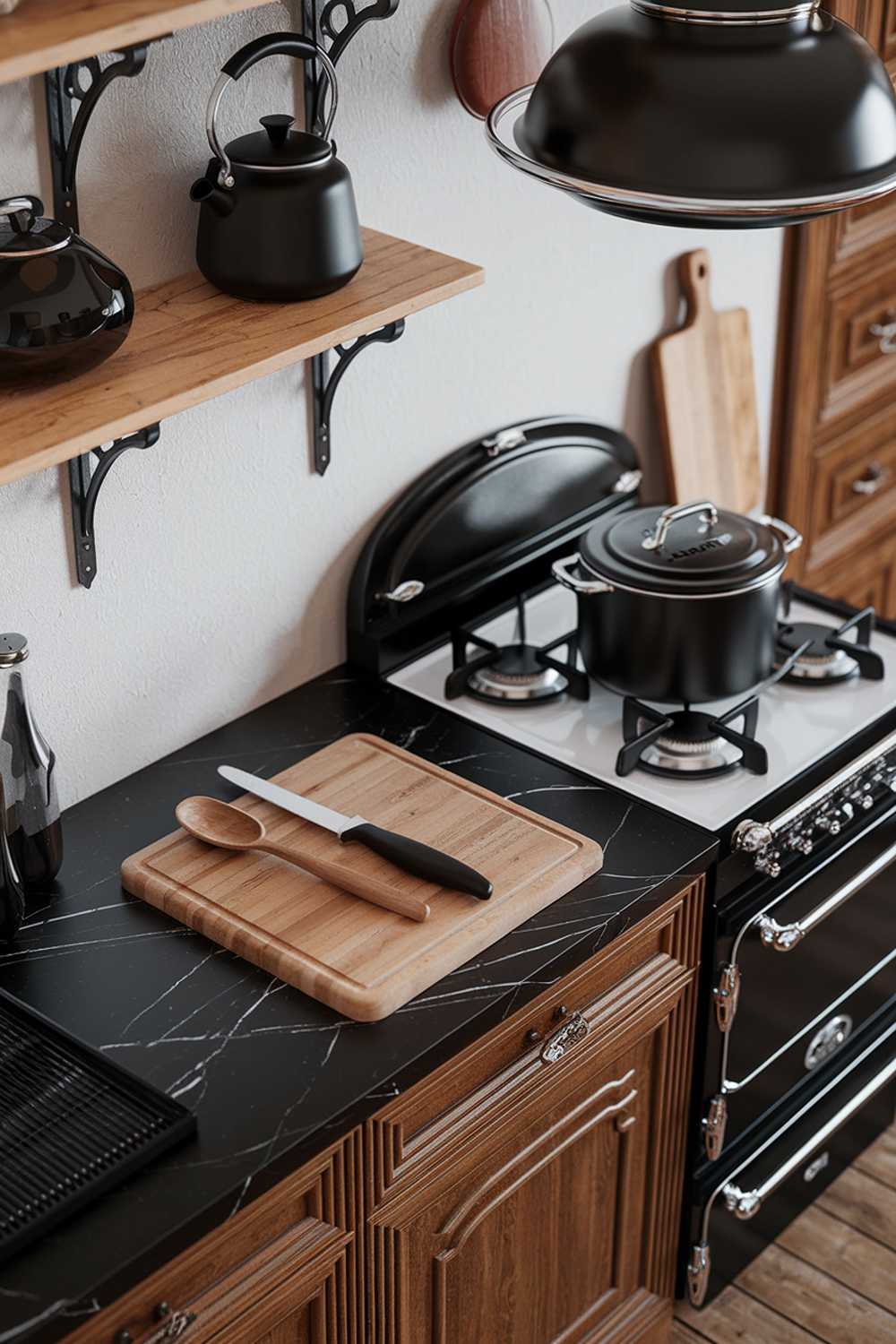 A highly detailed stylish black and wood kitchen design. There's a black marble countertop with a wooden cutting board and a black knife. There's also a wooden spoon. There's a black pot on the stove. On the wall, there's a wooden shelf with a black kettle and a black pot. There's a black hanging cabinet above the stove. The floor is made of wooden planks.