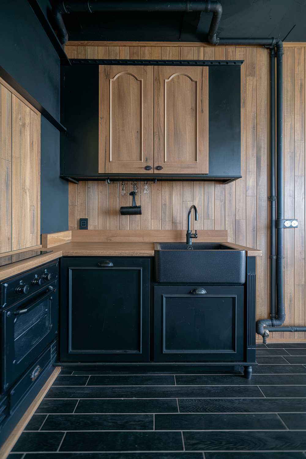 A black and wood kitchen design. There is a black countertop with a wood edge and a black sink. Above the sink is a black cabinet with a wood door. Below the cabinet, there is a black drawer. The wall behind the sink has a wood panel. There is a black pipe running along the wall. On the floor, there is a black tile with a wood pattern.