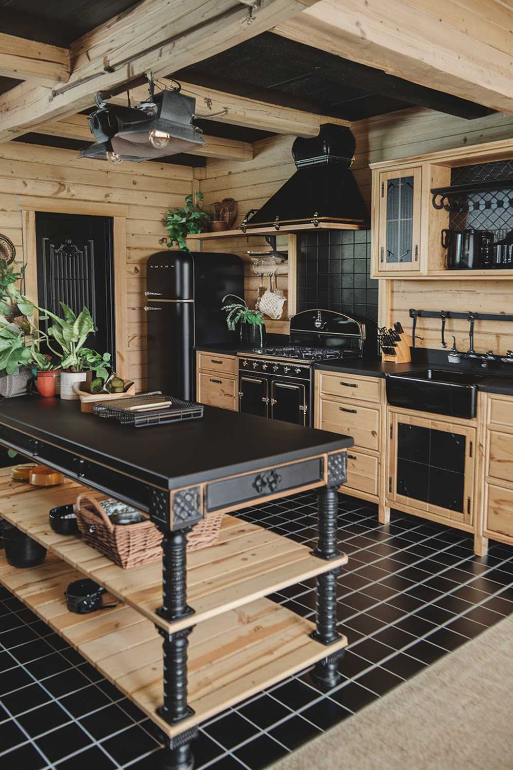 A highly detailed, stylish black and natural wood kitchen with a rustic charm. The kitchen features a large island with a black countertop and a natural wood shelf. There's a black stove, a black refrigerator, and a black sink. The walls and cabinets are made of natural wood. The floor is made of black tiles. There are potted plants and a basket near the sink. The lighting is bright.