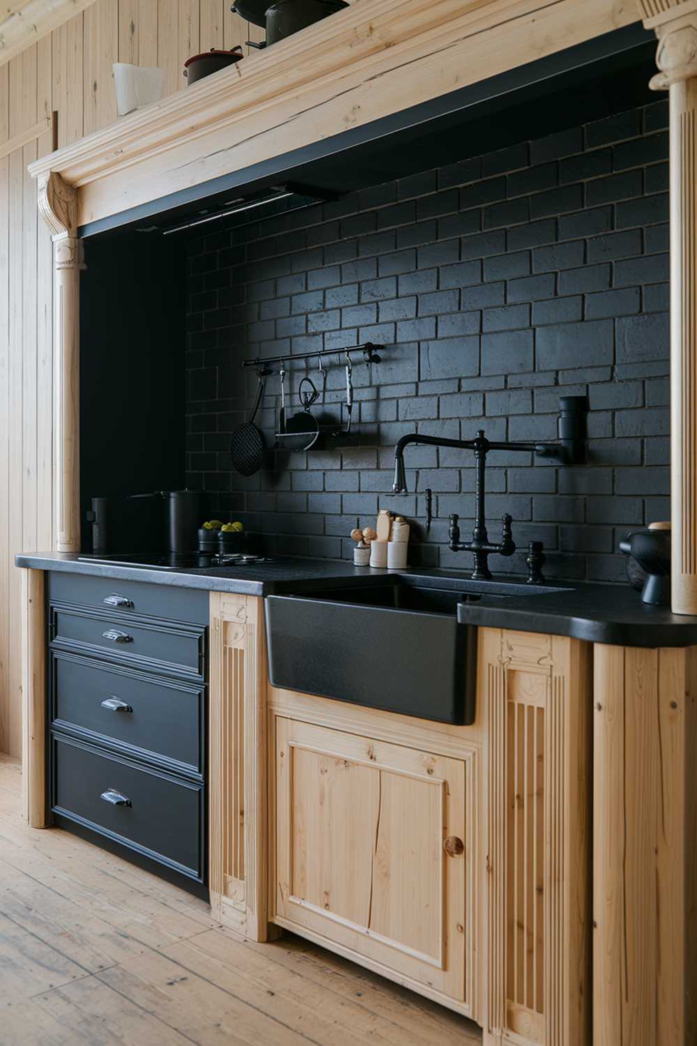 A black and natural wood kitchen. The kitchen features a black countertop and backsplash, a natural wood cabinet, and a black sink. There is a black faucet and a black drawer below the countertop. There is also a black pot rack above the sink. The floor is made of natural wood. The overall kitchen has a modern and minimalist design.