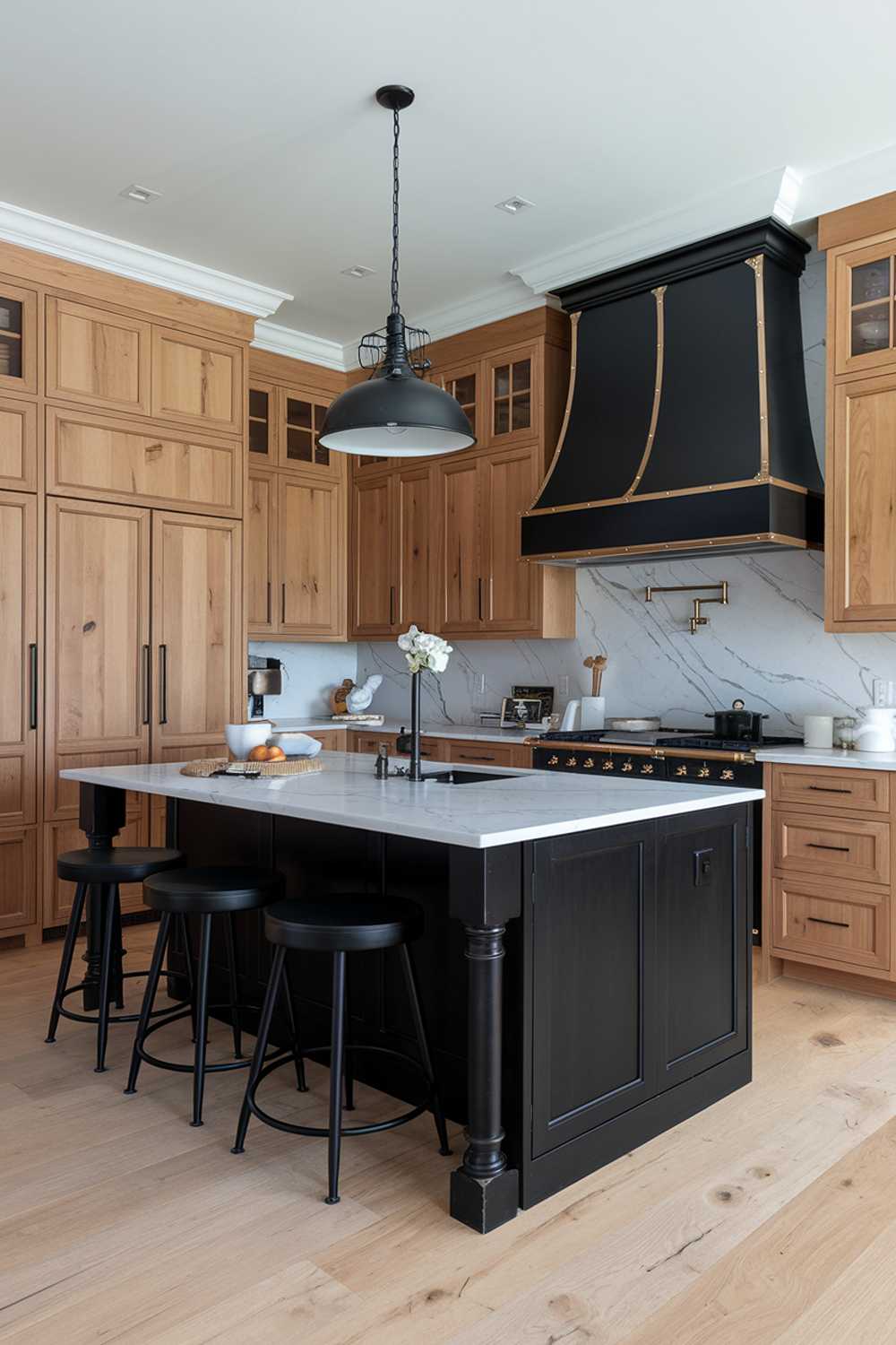 A highly detailed, stylish black and natural wood kitchen design. The kitchen has a black island with a white marble countertop and black stools. The island is lit by a black pendant light. The perimeter is made of natural wood cabinets with a light wood floor. There is a black range hood over the stove.