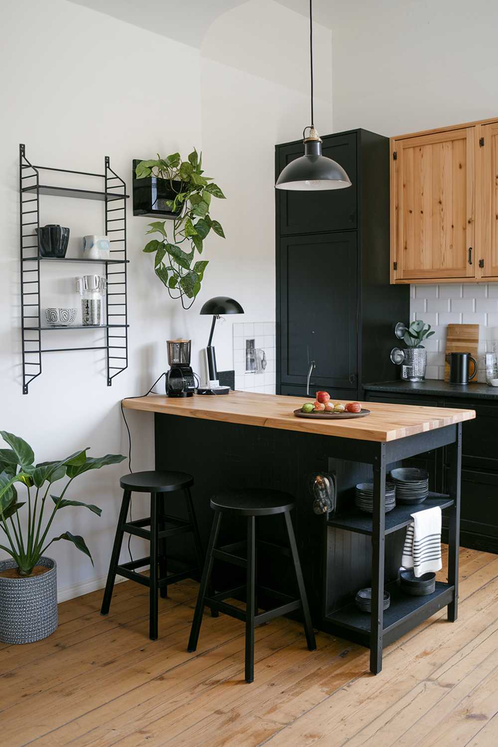 A black and natural wood kitchen. There's a black kitchen island with a natural wood top, black stools, and a black lamp. A black wall-mounted shelf holds a potted plant. There's a black cabinet and a natural wood cabinet. The floor is made of natural wood. A black pendant light hangs over the kitchen island.