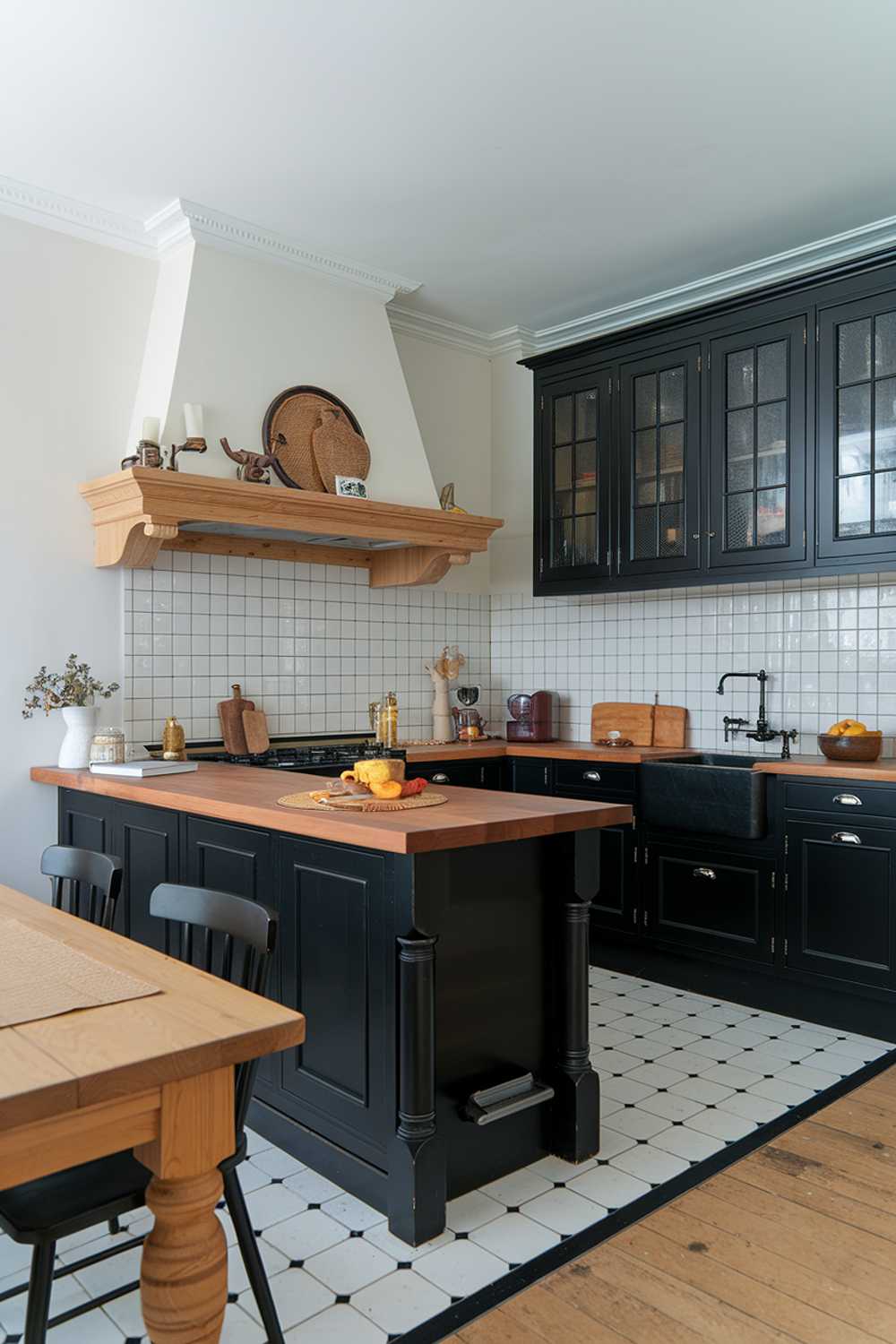 An elegant black and wood kitchen design. The kitchen has a black island with a wooden countertop, black cabinets, and a black sink. The backsplash is made of white tiles. There is a wooden dining table near the kitchen. The floor is made of black and white tiles. The walls are painted white.