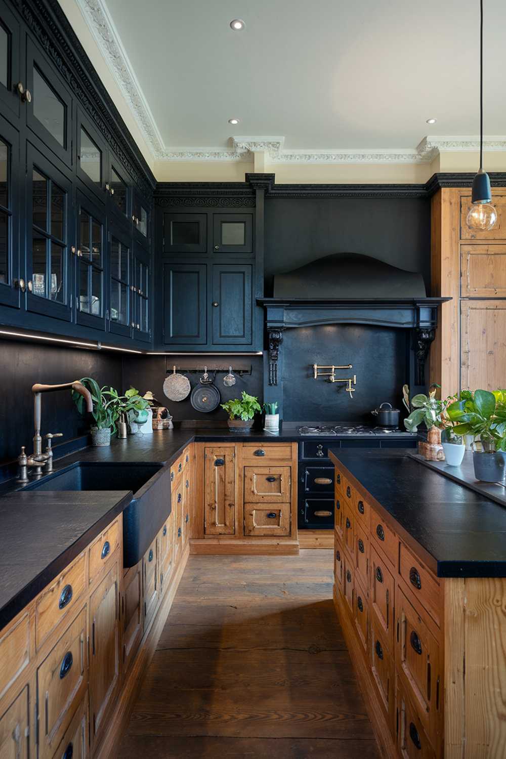 An elegant black and wood kitchen design. The kitchen features a black countertop and backsplash, with a wooden island in the middle. The black cabinets are mounted on the walls and the wooden cabinets are mounted on the island. There is a black sink with a wooden faucet on the wall. The floor is made of wood. There are potted plants on the wooden island. The lighting is bright.