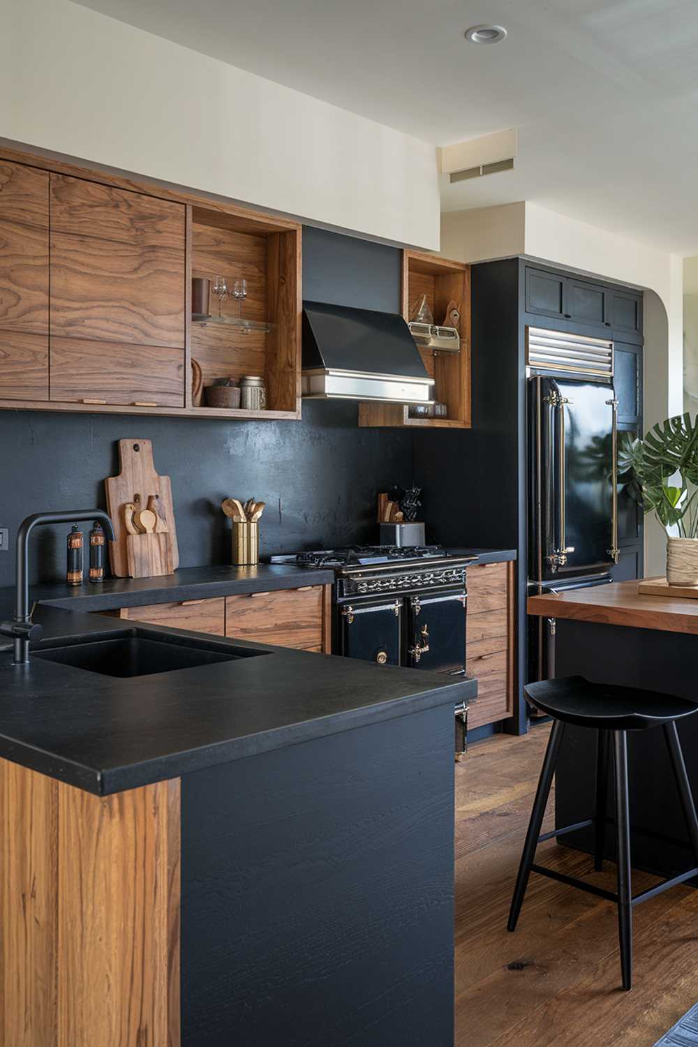 An elegant black and wood kitchen design. The kitchen has a black countertop and backsplash, with a wood cabinet above the sink. There's a black sink with a wood base. There's a black stove with wood accents. There's a black refrigerator with wood accents. There's a black island with a wood top. There's a black bar stool. There's a potted plant. The floor is made of wood. The walls are painted white.