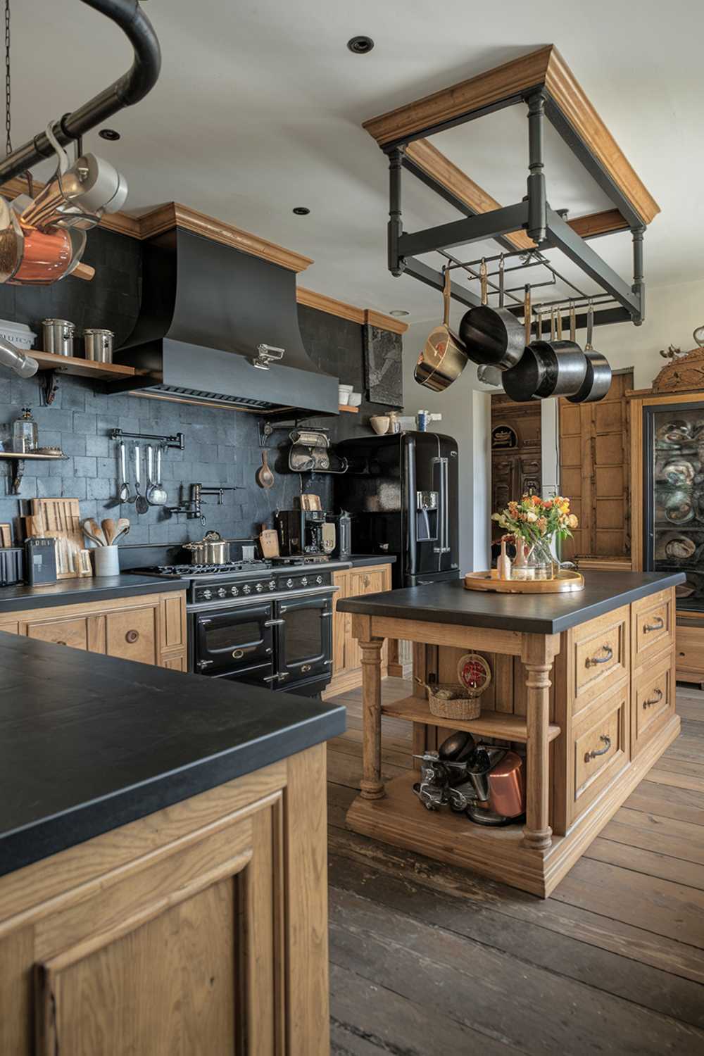 An elegant black and wood kitchen design. The kitchen has a black countertops and backsplash, with a wooden island and cabinetry. There are various appliances, including a stove, oven, and refrigerator. There are also pots and pans hanging above the island. The floor is made of wood.