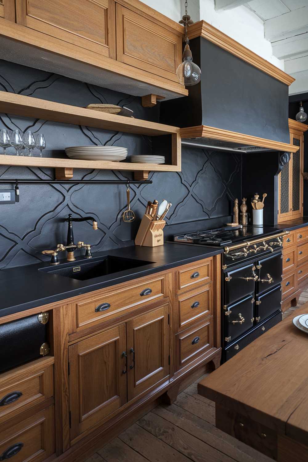 A wide shot of a highly detailed stylish black and wood kitchen design. The kitchen has a black countertop and backsplash, with a wooden island and cabinets. There is a black sink with a wooden faucet, and a black stove with wooden knobs. There are also wooden shelves and a wooden dining table. The floor is made of wood.