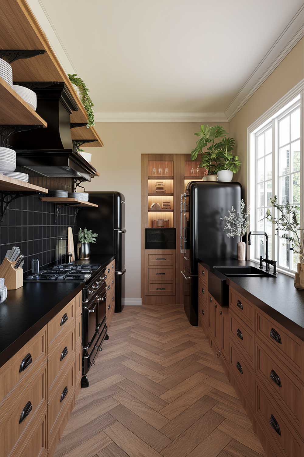 A wide shot of a highly detailed stylish black and wood kitchen design. The kitchen has a black countertop and backsplash, with wooden cabinets and shelves. There is a black stove, a black refrigerator, and a black sink. The floor is made of wooden planks. There are potted plants near the window. The walls are painted in a soft beige color.