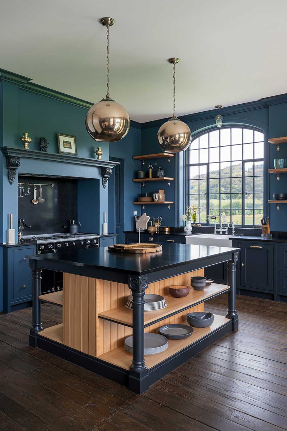 A wide shot of a highly detailed stylish black and wood kitchen design. The kitchen features a large island with a black countertop and wood shelves. The wall cabinets and island are painted in a deep blue shade, and the floor is made of dark wood. There's a large window near the sink with a view of a lush green landscape.