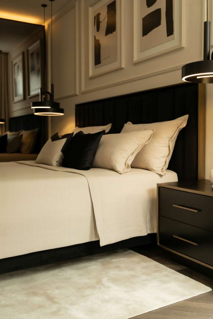 A contemporary bedroom featuring a black velvet headboard with cream bedding and modern pendant lighting