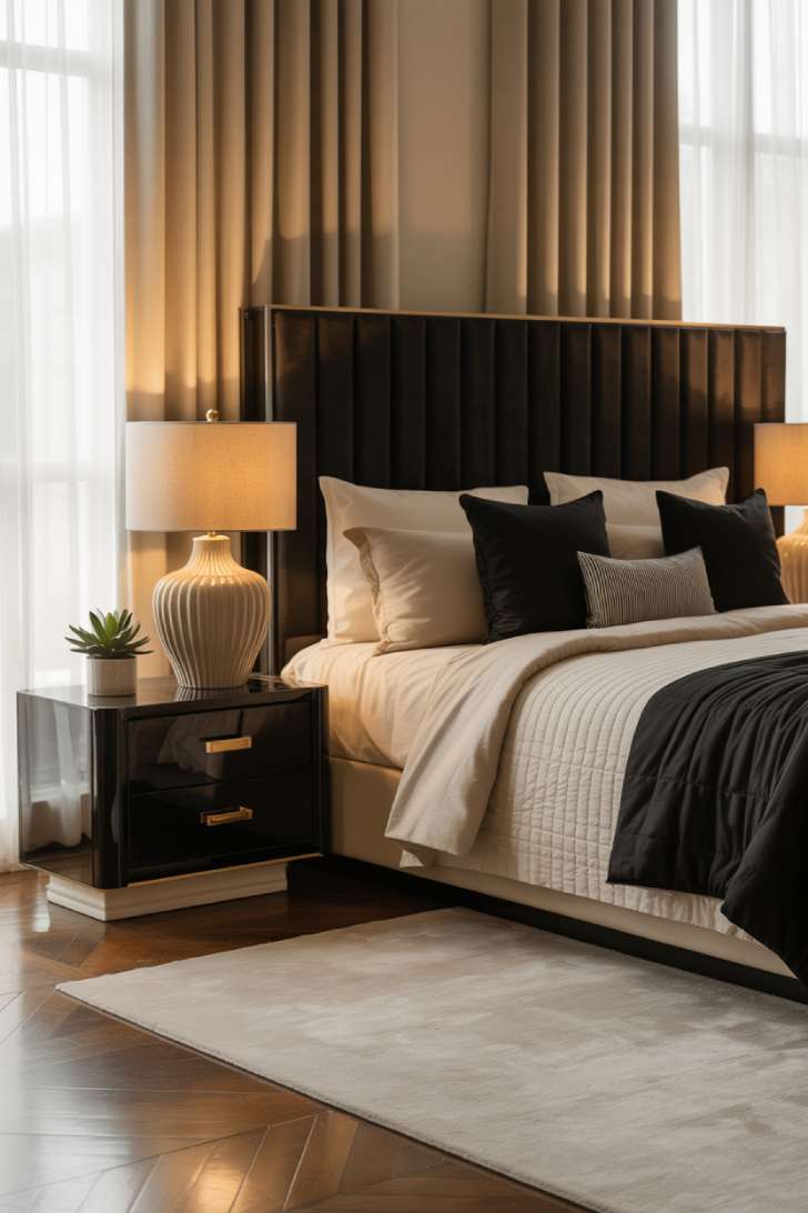 A king-size bed with vertical channel tufted black headboard and cream ceramic lamps on black nightstands