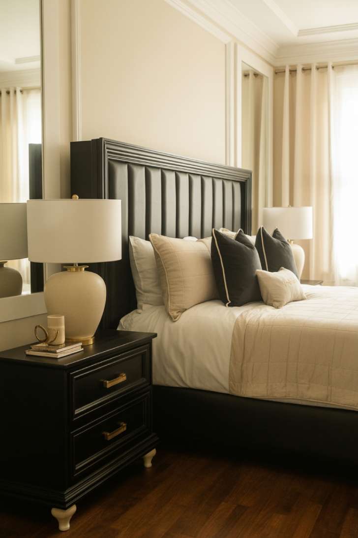A master bedroom with black wainscoting below cream walls and a channel-tufted headboard