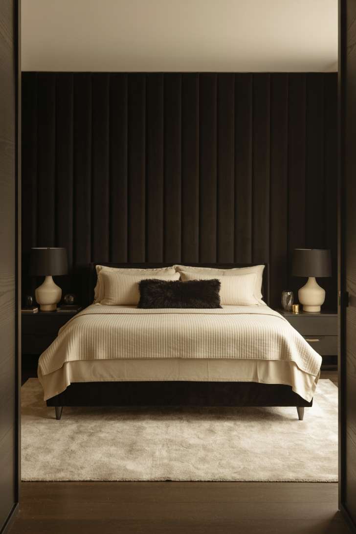 A king-size bed viewed from the entrance with tall black headboard and layered cream linens