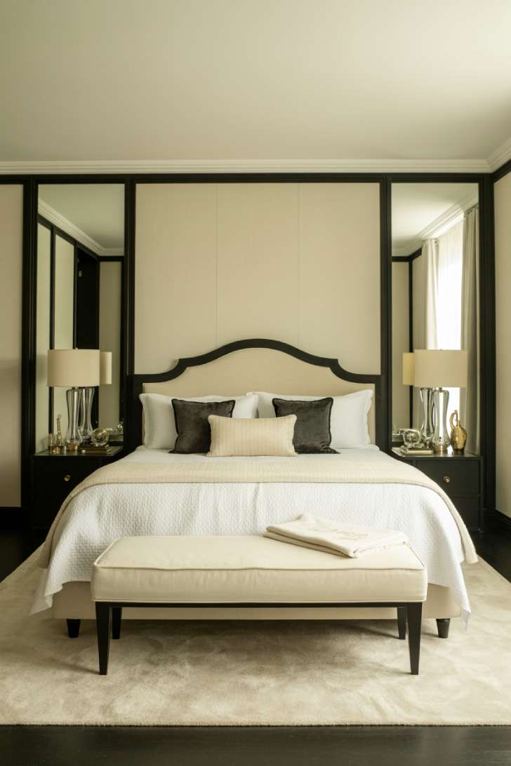A bedroom with black trim detailing on cream walls and charcoal throw pillows on white linens