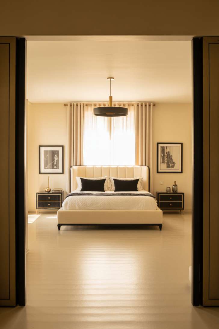 A cream upholstered bed with a black metal headboard and black-framed artwork on cream walls