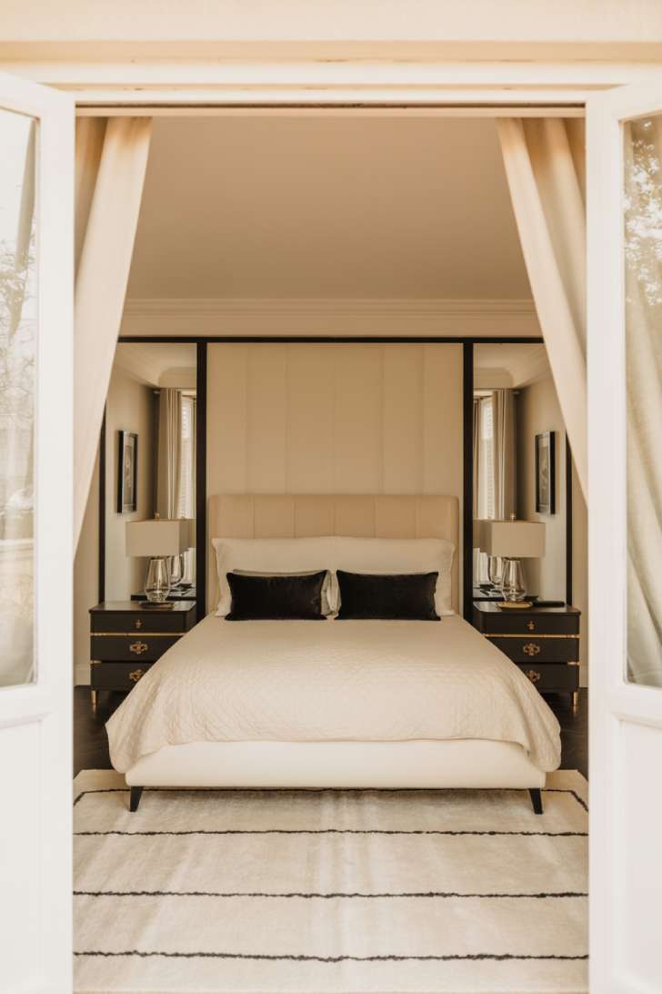 A cream bedroom with a black and cream geometric-patterned area rug beneath the bed