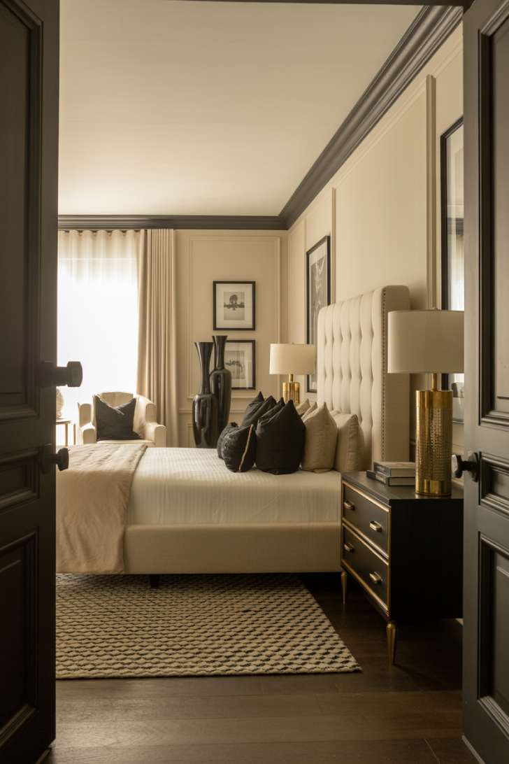 A bedroom with black crown molding and baseboards framing cream walls and a black tufted headboard