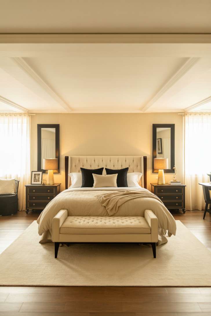 A spacious bedroom with a black tufted headboard and warm table lamps on black nightstands