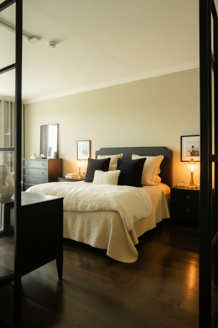 A spacious master bedroom photographed from the entrance, showing dark wood flooring and a black dresser