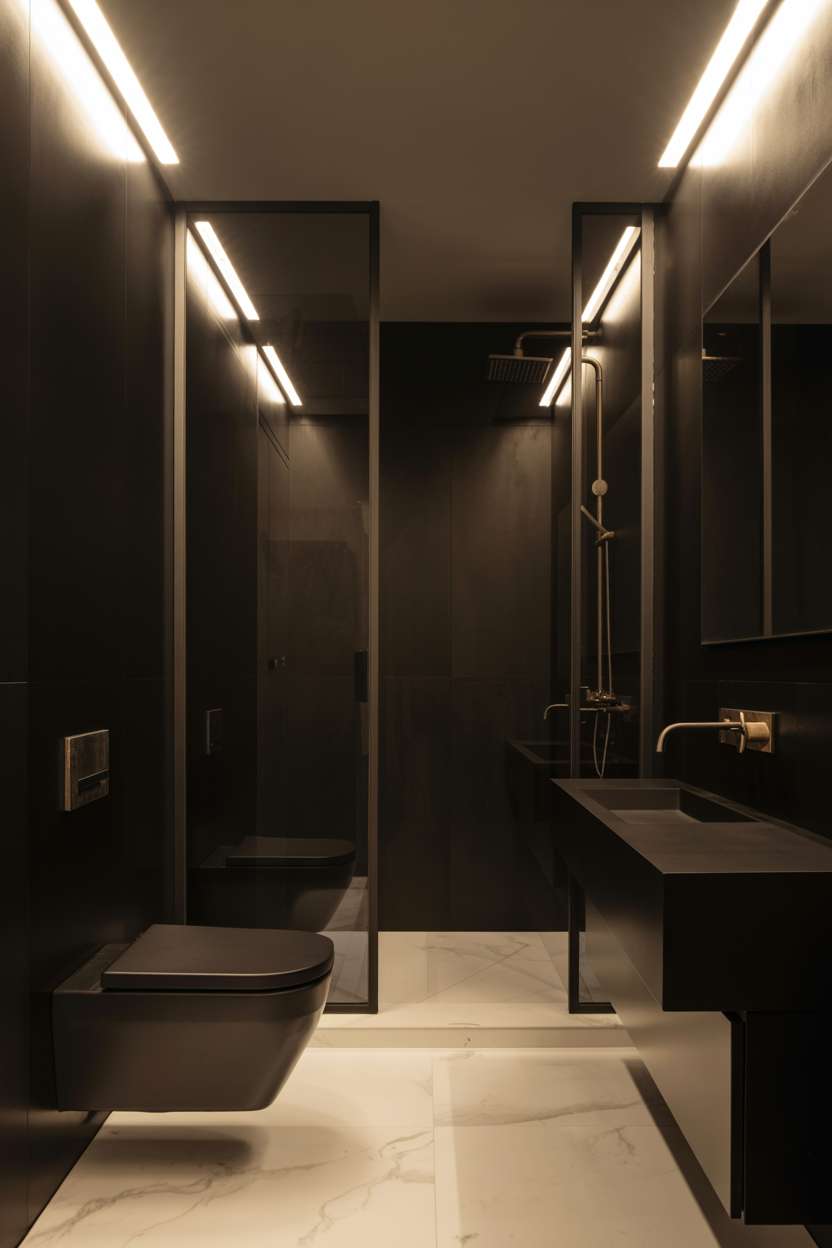 20 Stunning Black Bathroom Ideas for a Bold Modern Look 1 Minimalist black bathroom with floating toilet, brushed gold fixtures, glass shower enclosure, and marble-look tile flooring