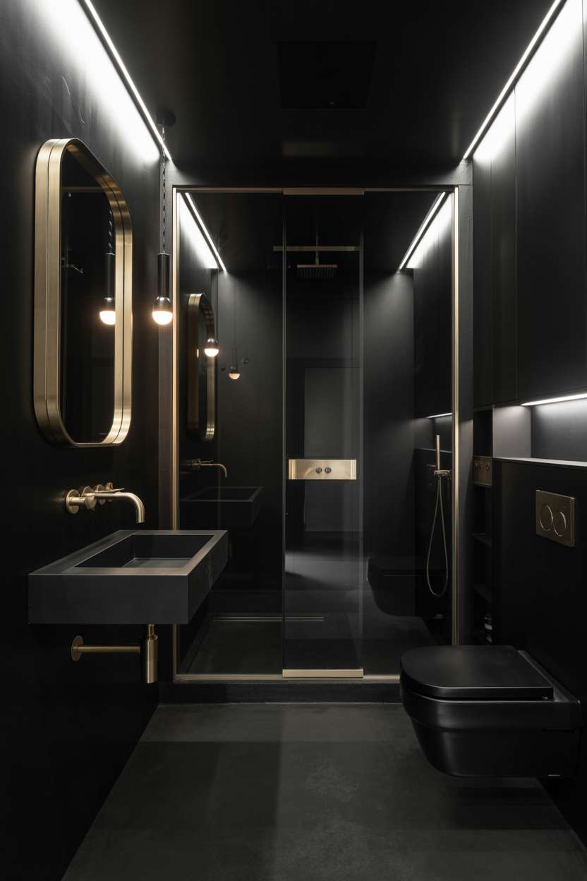 20 Stunning Black Bathroom Ideas for a Bold Modern Look 2 Modern black bathroom featuring minimalist design with floating sink, hidden wall toilet, glass shower, and pendant lighting