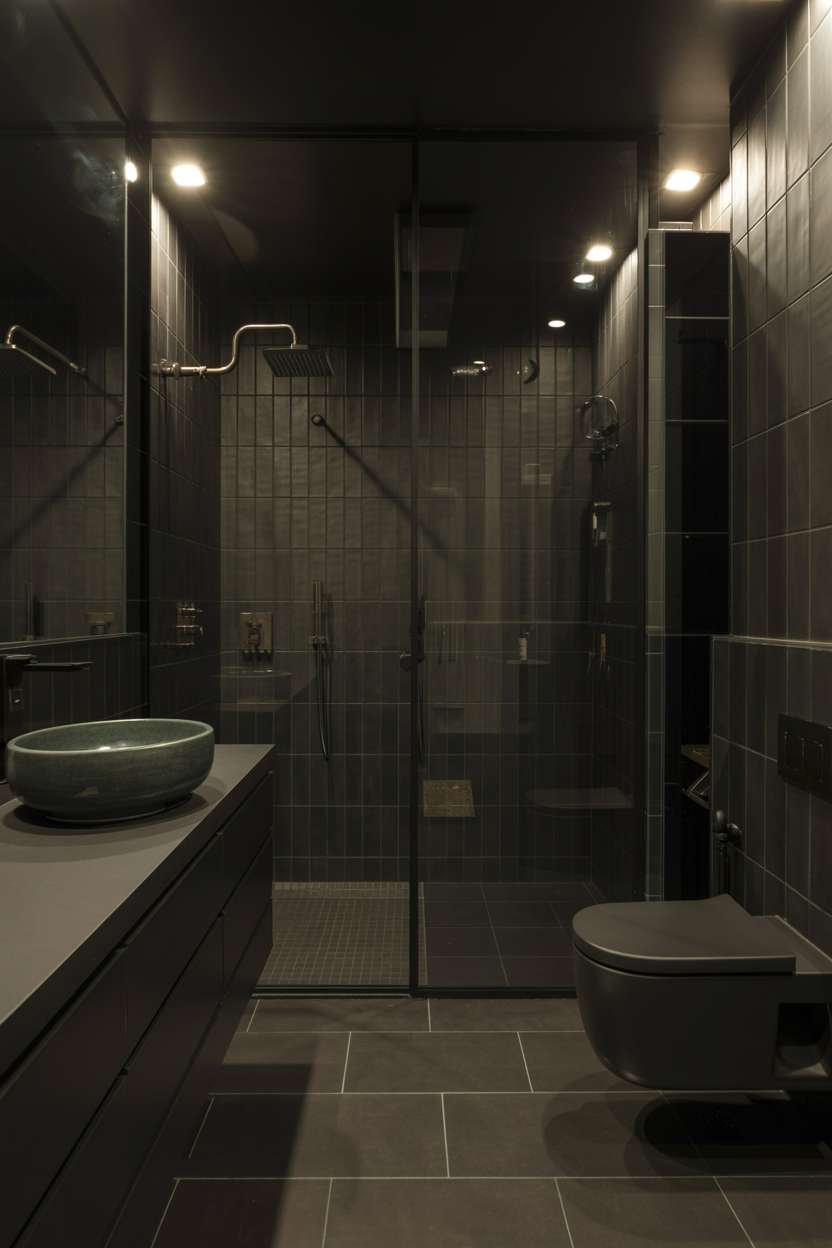 20 Stunning Black Bathroom Ideas for a Bold Modern Look 3 Luxurious black bathroom with dark grey porcelain tiles, floating black vanity, brushed nickel hardware, and round matte black sink