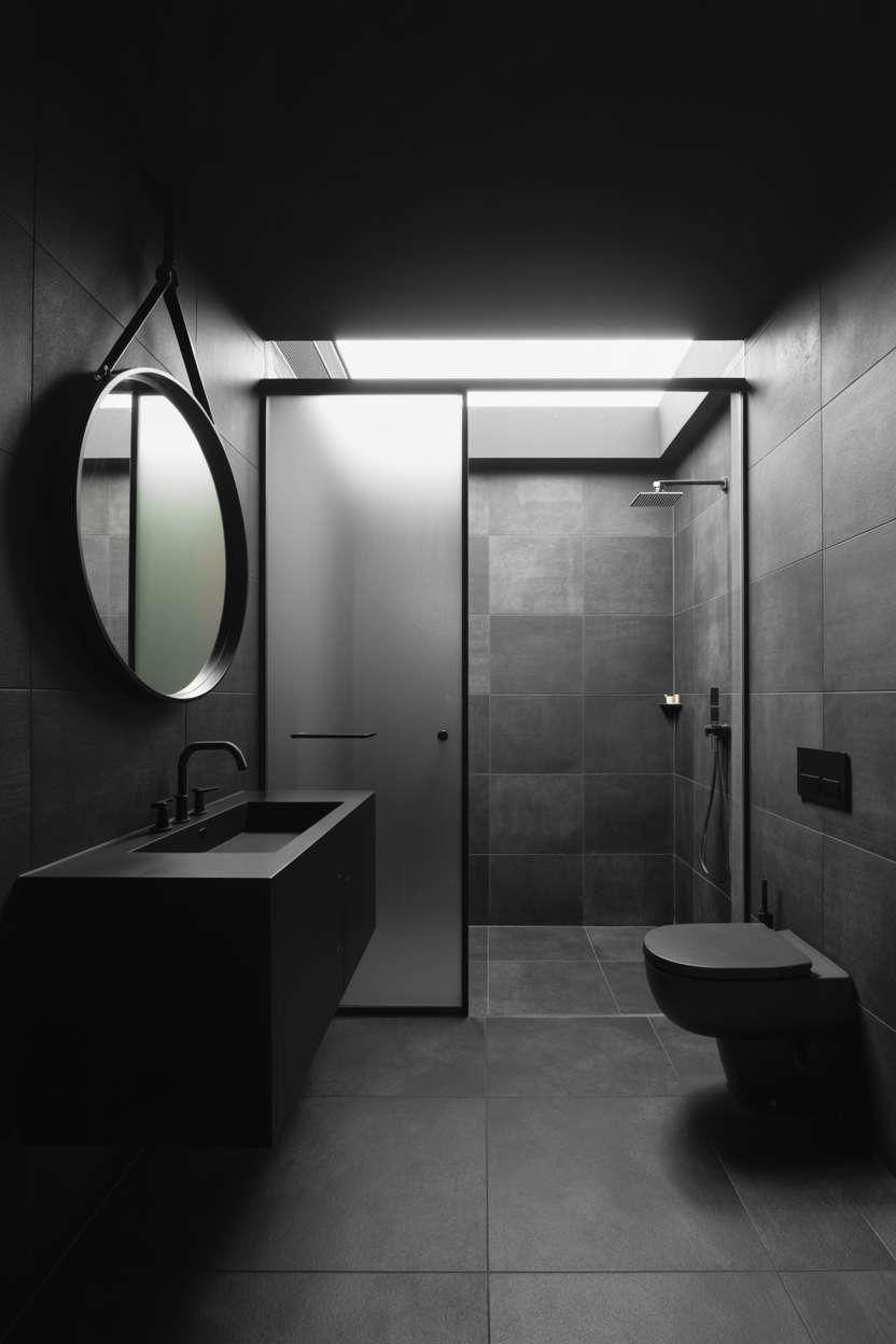 20 Stunning Black Bathroom Ideas for a Bold Modern Look 4 Black bathroom with textured dark grey tiles, floating vanity, circular frameless mirror, and frosted glass shower panel