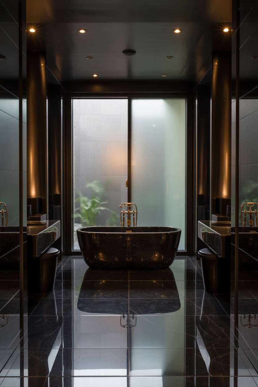 20 Stunning Black Bathroom Ideas for a Bold Modern Look 5 Spacious black bathroom with marble tiling, freestanding black bathtub, brushed gold fixtures, and frosted window overlooking garden