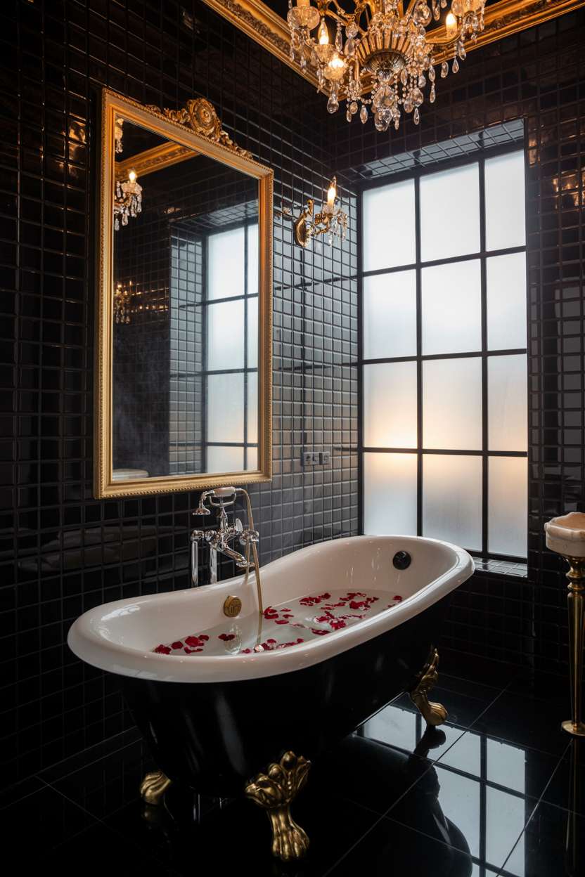 20 Stunning Black Bathroom Ideas for a Bold Modern Look 6 Luxurious black and gold bathroom with freestanding marble bathtub, claw feet, crystal chandelier, and ornate mirror