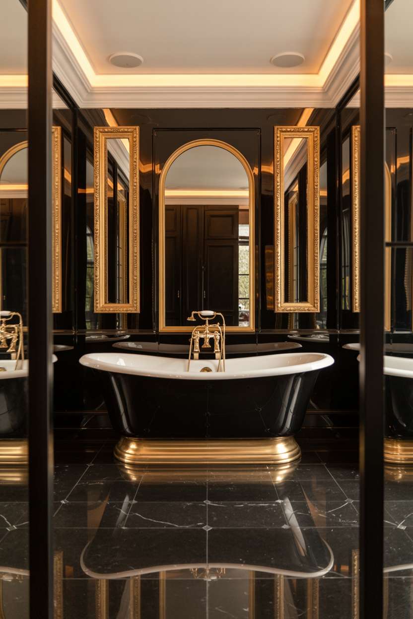 20 Stunning Black Bathroom Ideas for a Bold Modern Look 7 Black and gold bathroom with freestanding bathtub, vintage-style fixtures, ornate floral mirror, and marble floor tiles