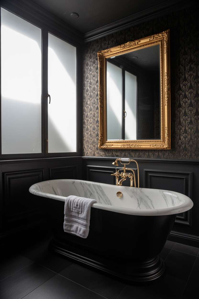 20 Stunning Black Bathroom Ideas for a Bold Modern Look 8 Black and gold bathroom with freestanding marble bathtub, patterned wallpaper, ornate gold-framed mirror, and frosted window
