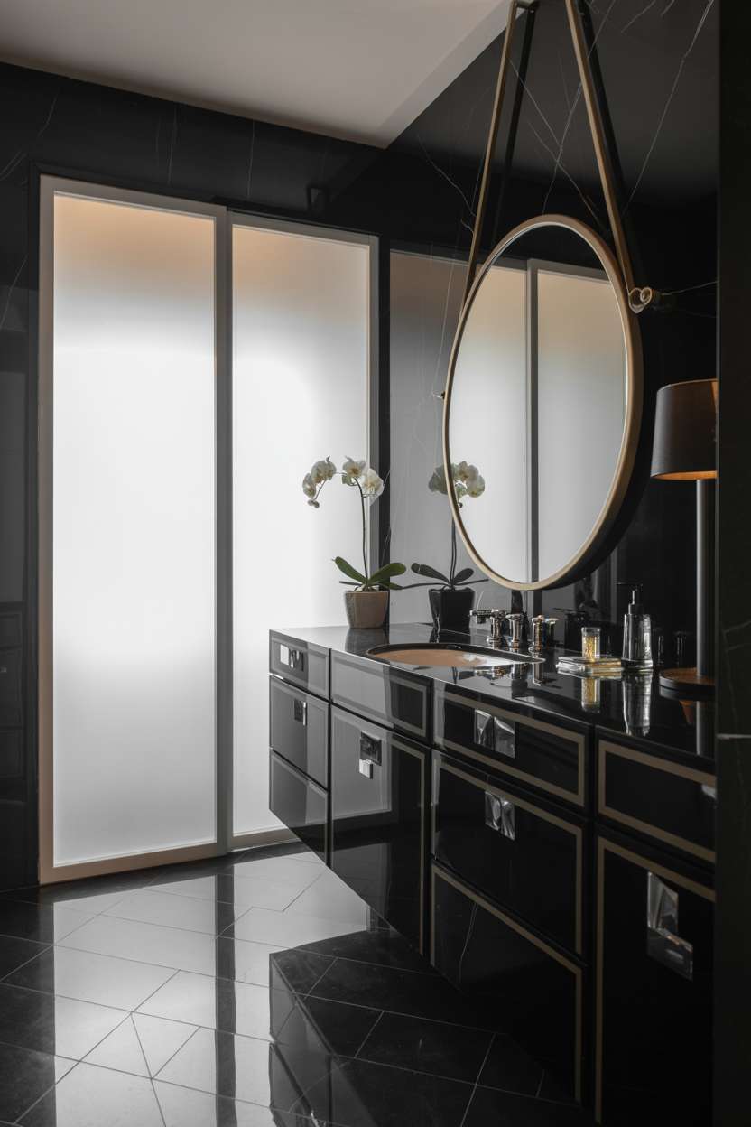 20 Stunning Black Bathroom Ideas for a Bold Modern Look 9 Black marble bathroom with expansive vanity, silver accents, circular gold-framed mirror, and geometric marble floor patterns
