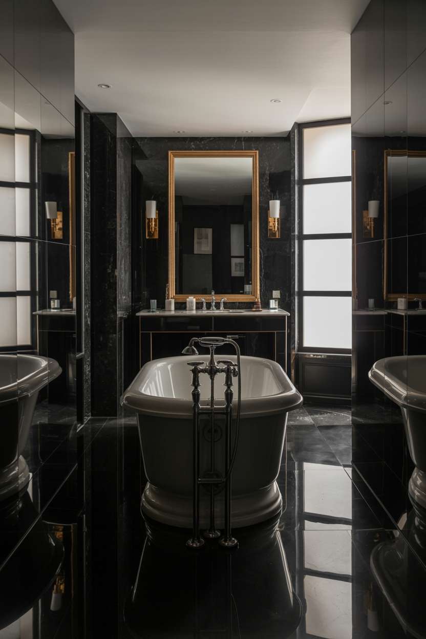 20 Stunning Black Bathroom Ideas for a Bold Modern Look 10 Black marble bathroom with freestanding soaking tub, chrome fixtures, gold accent mirror frame, and decorative sconces