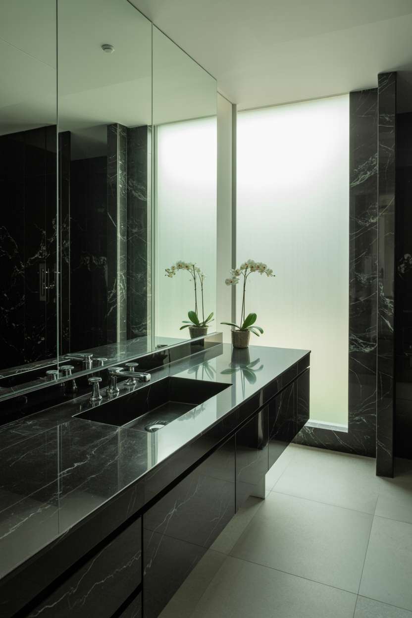 20 Stunning Black Bathroom Ideas for a Bold Modern Look 11 Black marble bathroom with polished vanity featuring grey veining, minimalist chrome sink, and frosted window