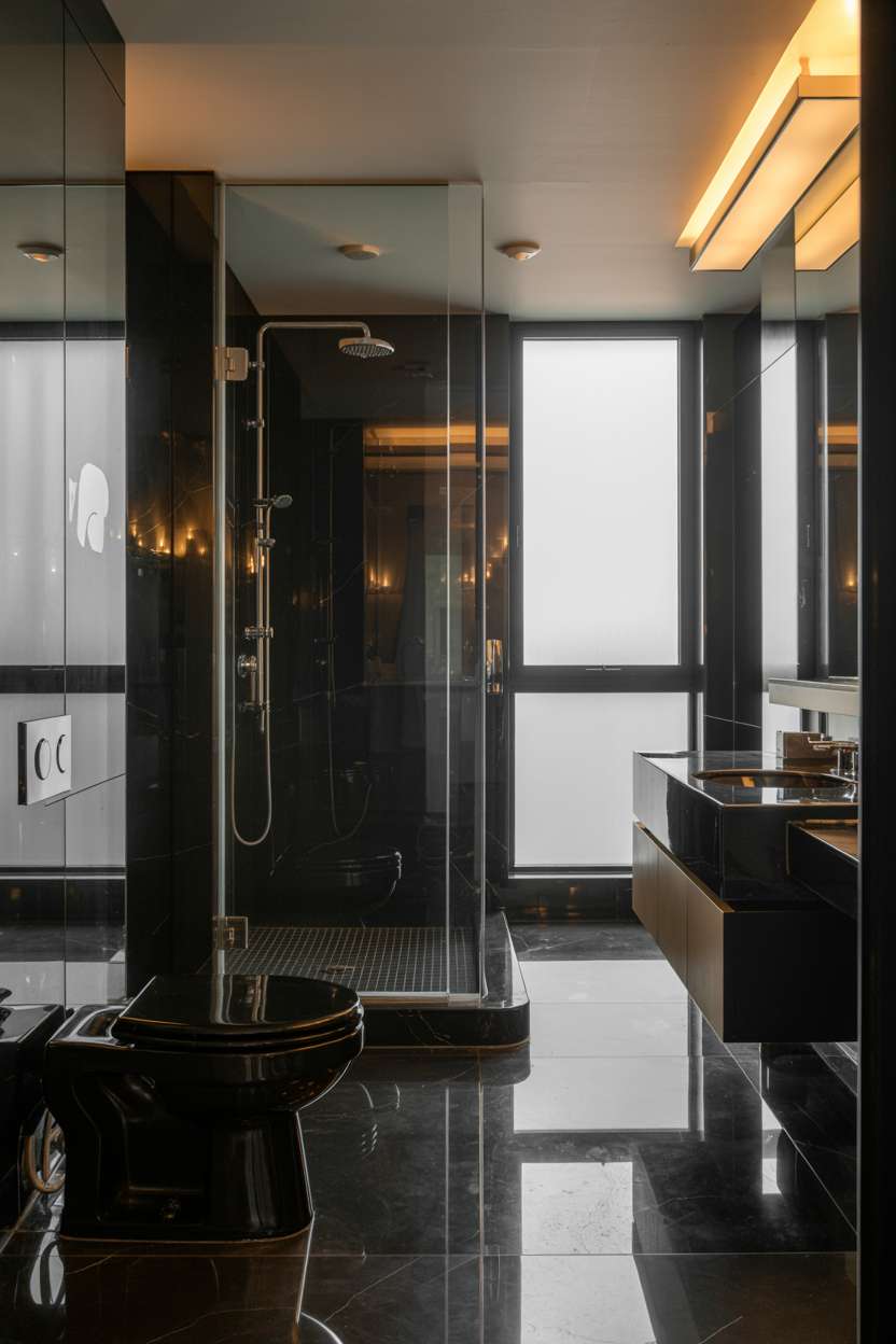20 Stunning Black Bathroom Ideas for a Bold Modern Look 12 Black marble bathroom with modern toilet, glass-enclosed rain shower, floating vanity, and polished floors