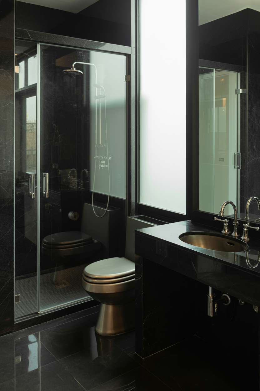 20 Stunning Black Bathroom Ideas for a Bold Modern Look 13 Black marble bathroom with modern chrome toilet, glass rain shower, minimalist sink, and diffused lighting
